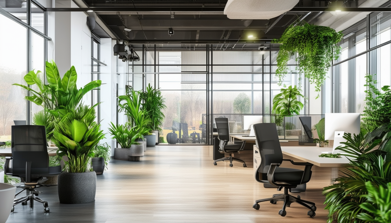 A modern office with natural light, green plants,